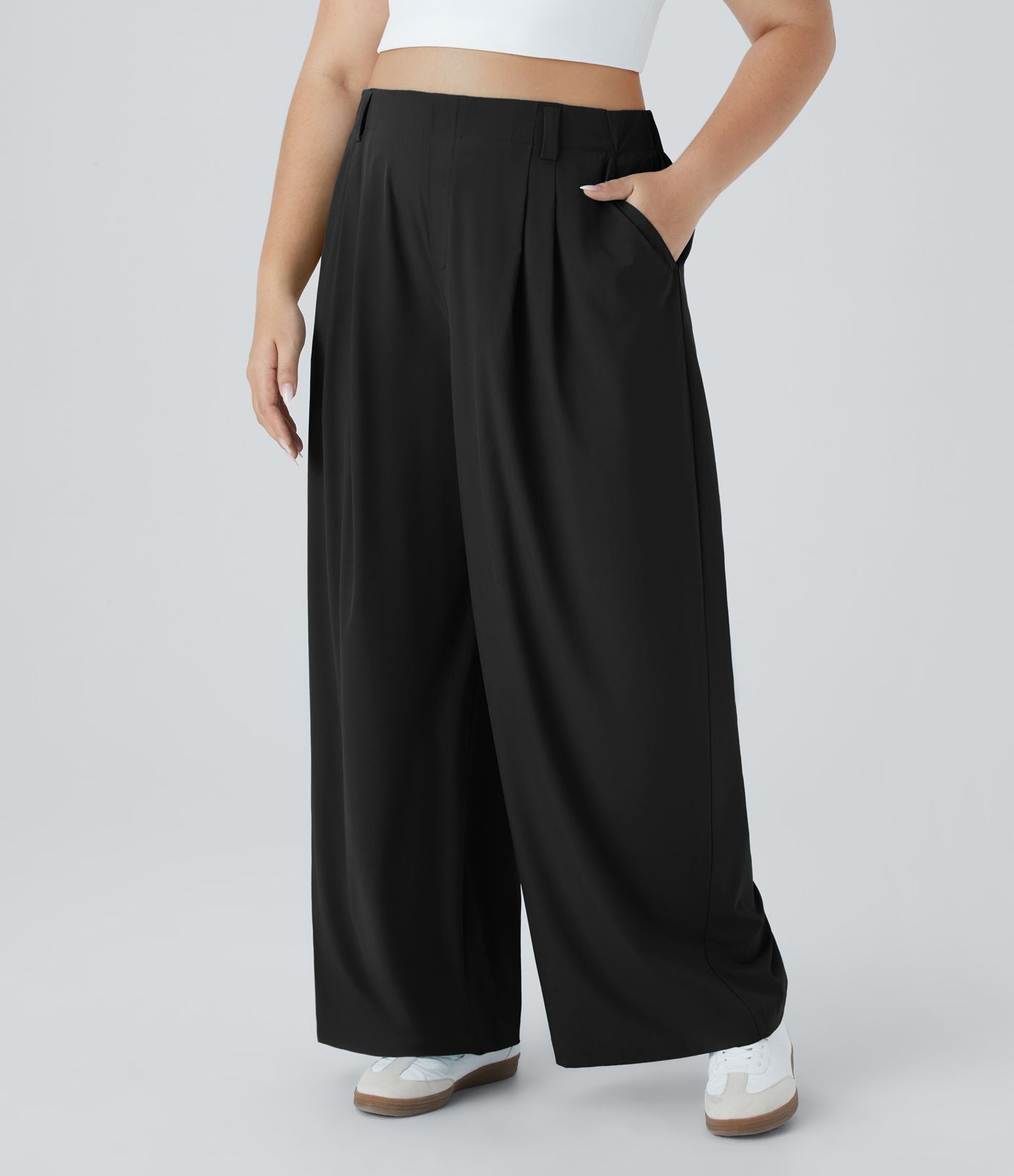 Breezeful™ Pantalon Évasé Palazzo Grande Taille Casual Taille Haute avec Plis Poche Latérale Fluide Uni et Séchage Rapide