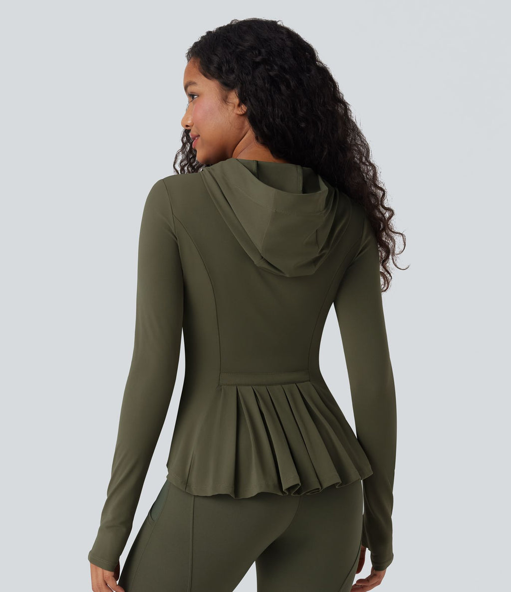 Veste SoftlyZero™ à capuche manches longues avec trous pouces détails plissés et poches-UPF50+