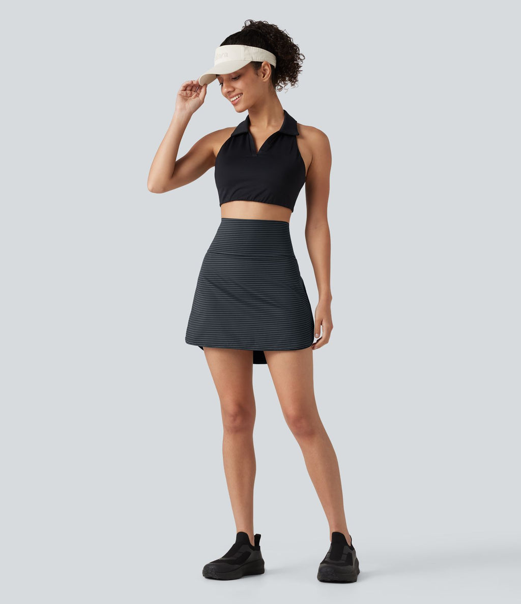 Mini-jupe de golf 2 en 1 à rayures, taille ultra haute, effet ventre plat, ourlet arrondi et poches