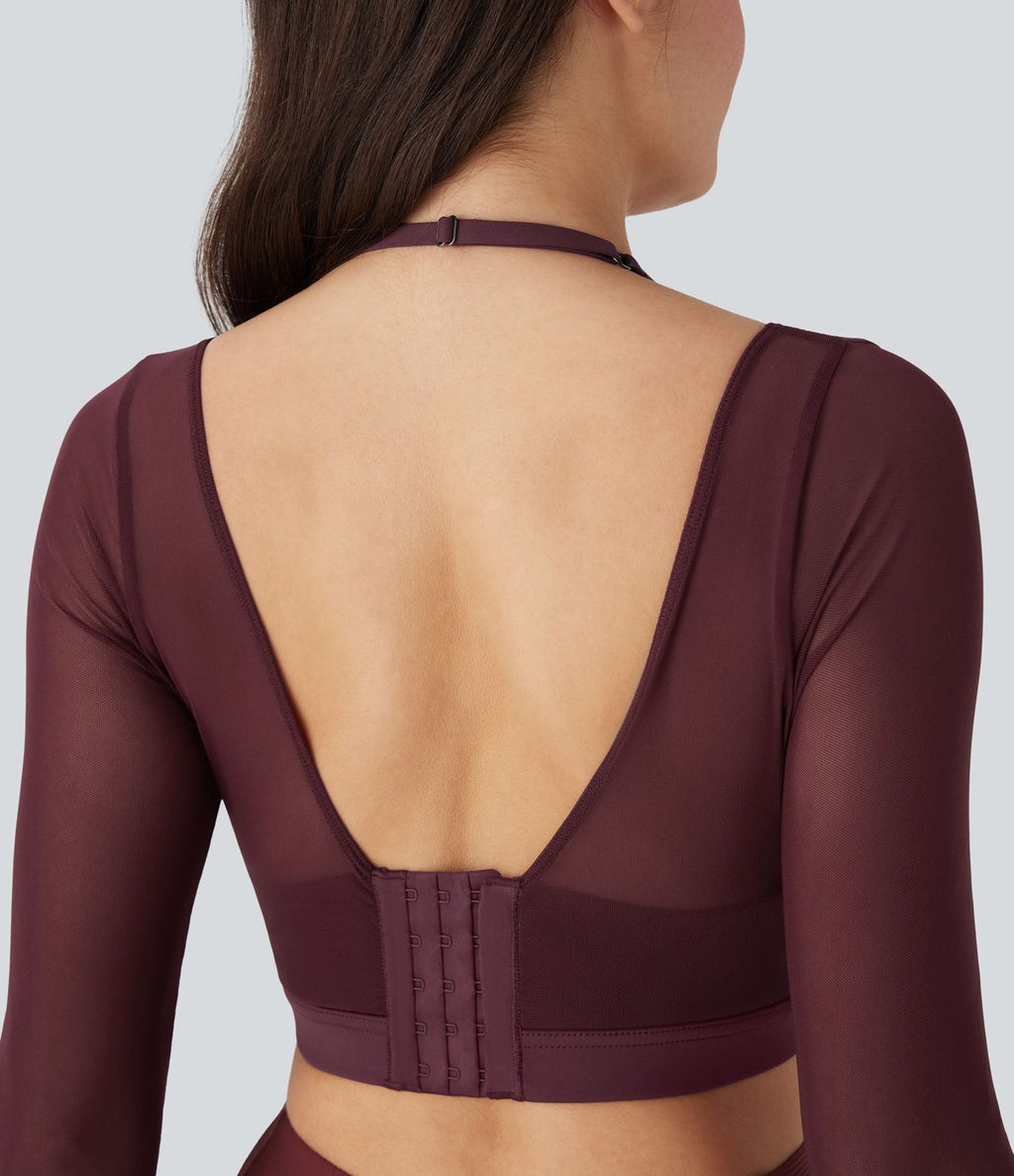 Haut de sport yoga crop top 2-en-1 avec col licou, dos nu, manches longues, passe-pouces et mesh contrastant
