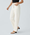 Jean Droit Casual Style Boyfriend Tricot Extensible Droite Taille Haute Avec Boutons Décoratifs Poches Multiples