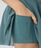 Jupe Casual Évasée Fluide 2 en 1 en Maille Contrastée Taille Haute Cordon de Serrage Poche Latérale