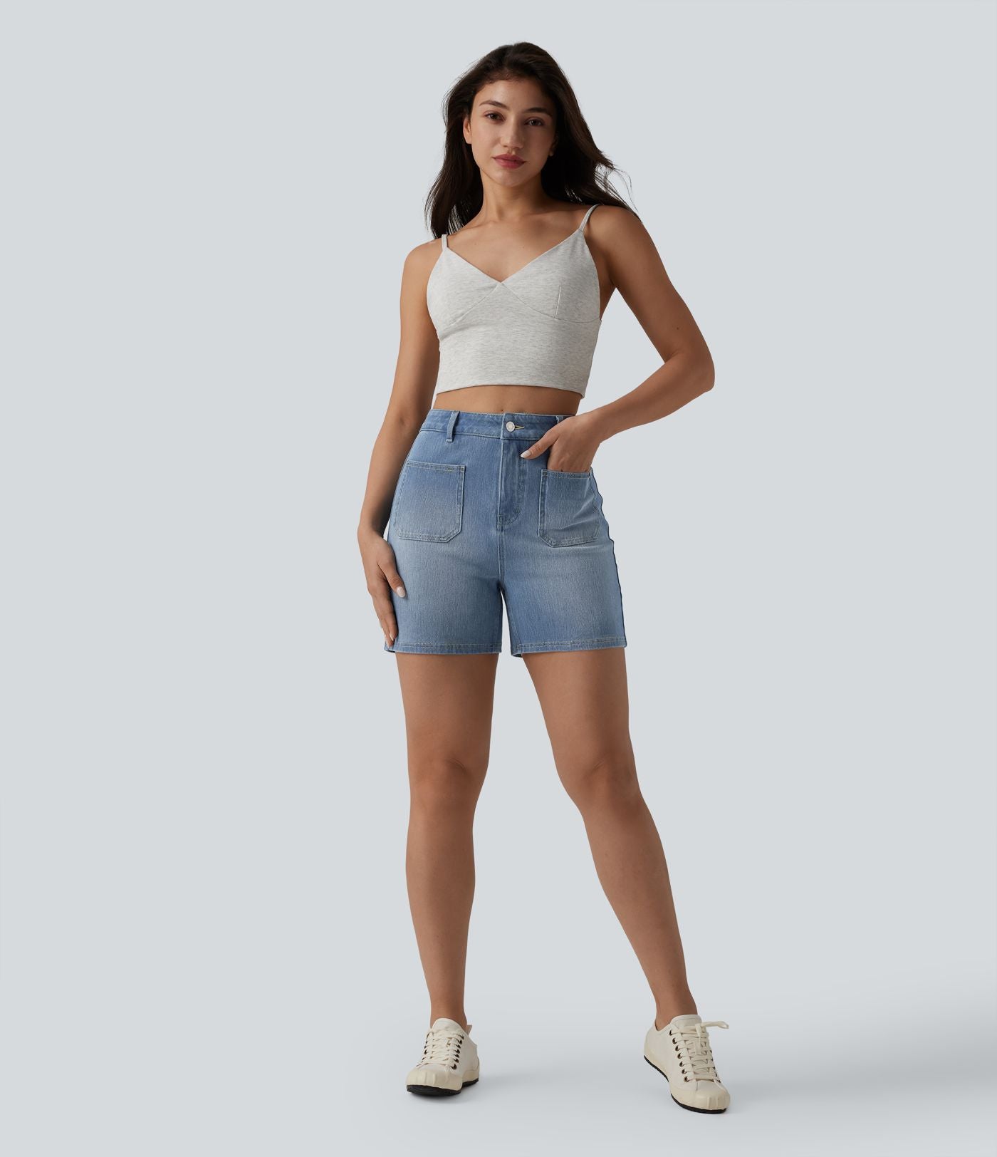Short denim décontracté Halara Flex™ délavé taille haute 10 cm avec poches
