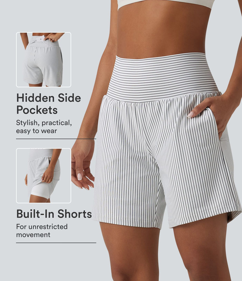 Short yoga 2-en-1 à rayures taille super haute 17,5 cm avec poches