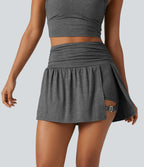 Jupe mini trapèze de sport 2-en-1 taille haute froncée avec poche latérale