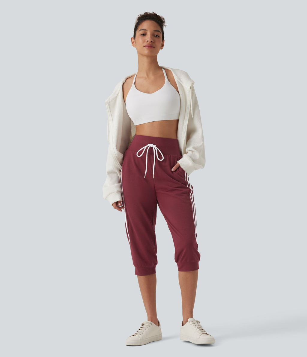 Jogging casual capri à rayures taille haute avec cordon de serrage et poches