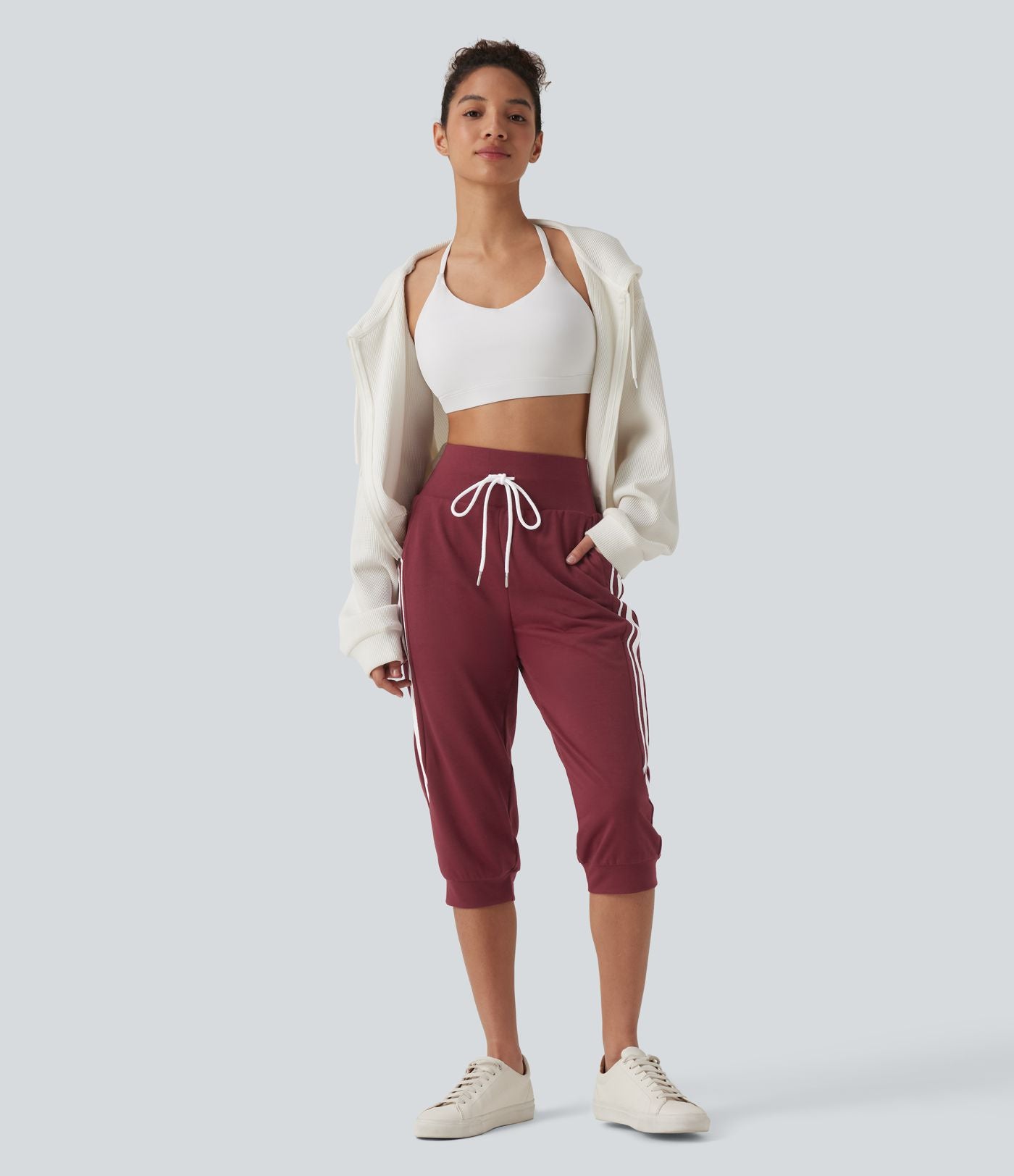 Jogging casual capri à rayures taille haute avec cordon de serrage et poches