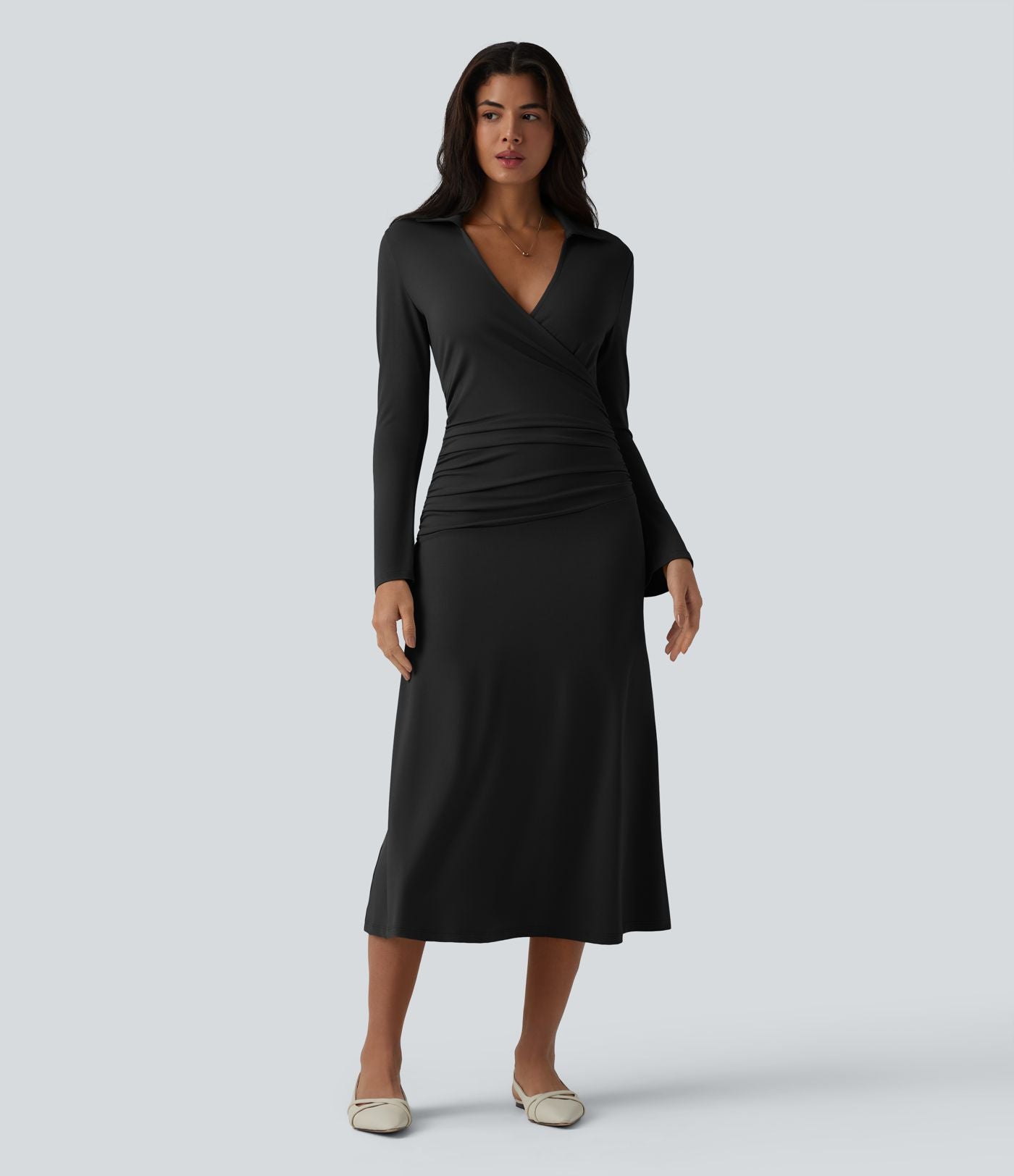 Robe midi décontractée à col en V et manches longues froncées