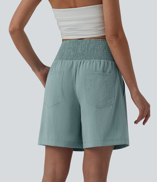 Bermuda casual aspect lin taille haute avec fronces 17,5 cm avec poches