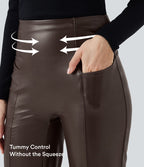 Pantalon similicuir évasé gainant taille haute stretch avec poches