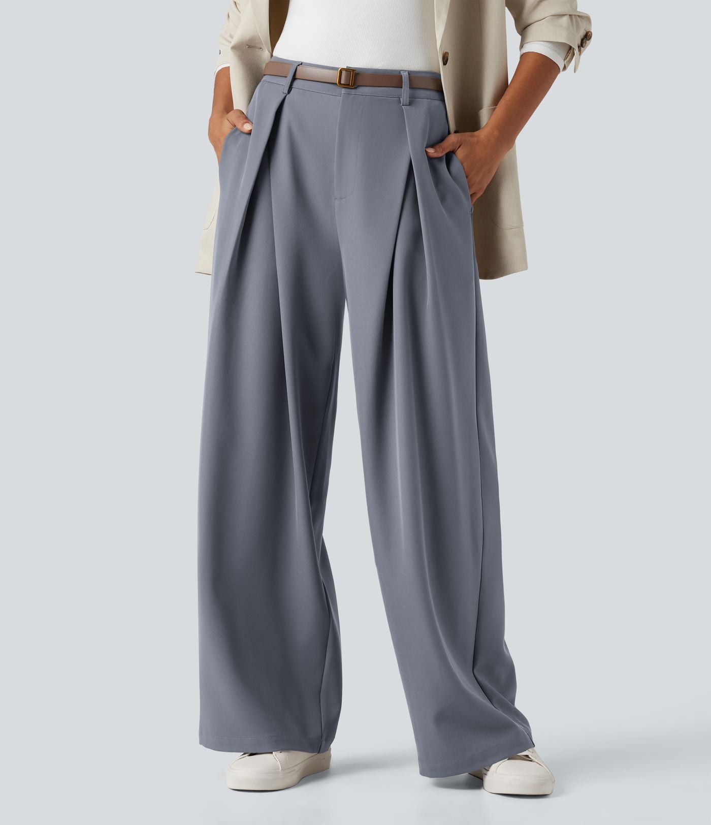 Pantalon tailleur large, taille haute, à poches