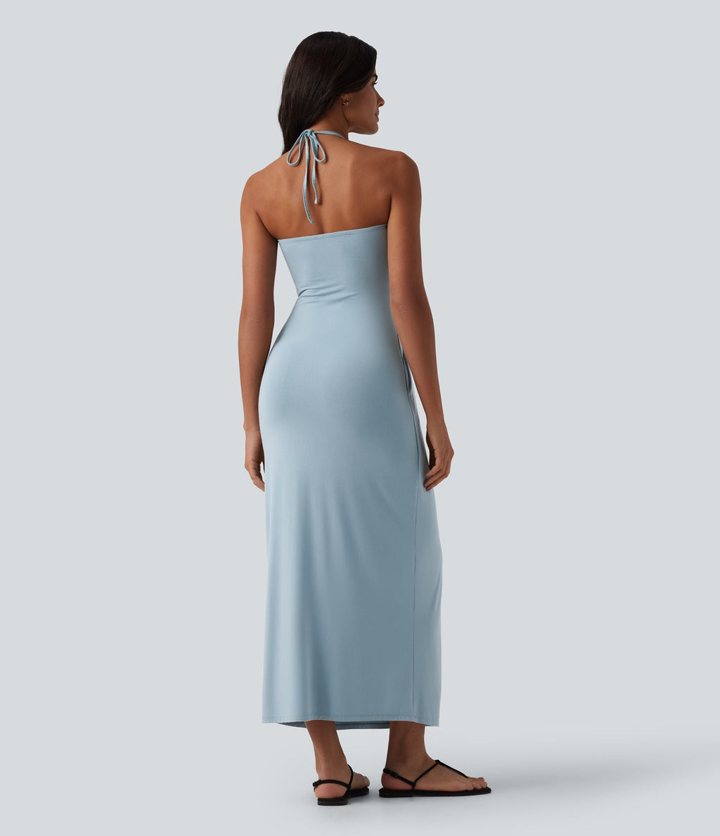 Robe longue dos nu col licou avec nœud et poches