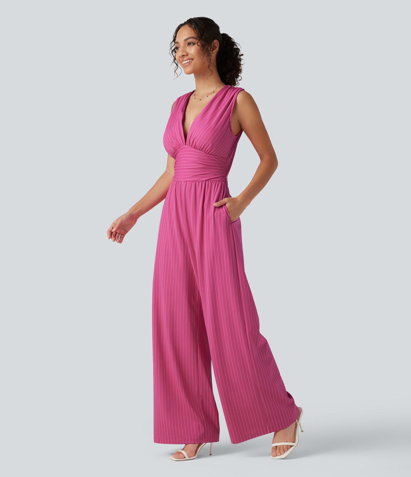 Combinaison tailleur col V sans manches à rayures et fronces avec poches - Easy Peasy
