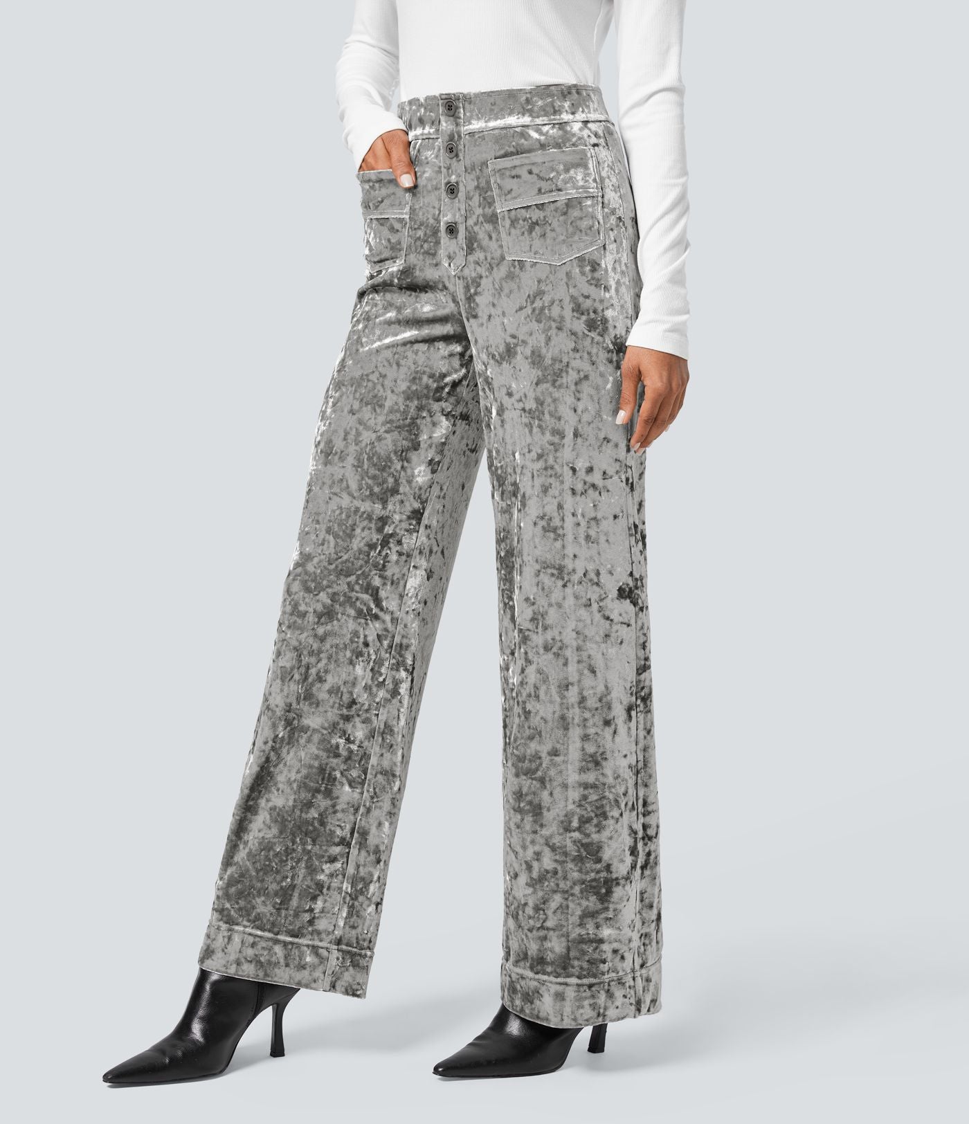 Pantalon en Velours Taille Haute avec Bouton Multipoches Droites