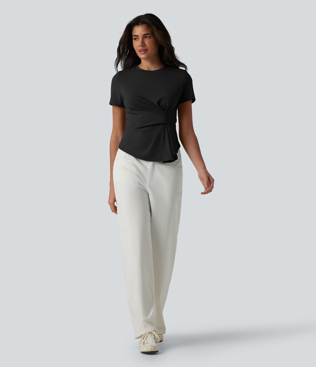 T-shirt décontracté col rond manches courtes froncé ourlet asymétrique