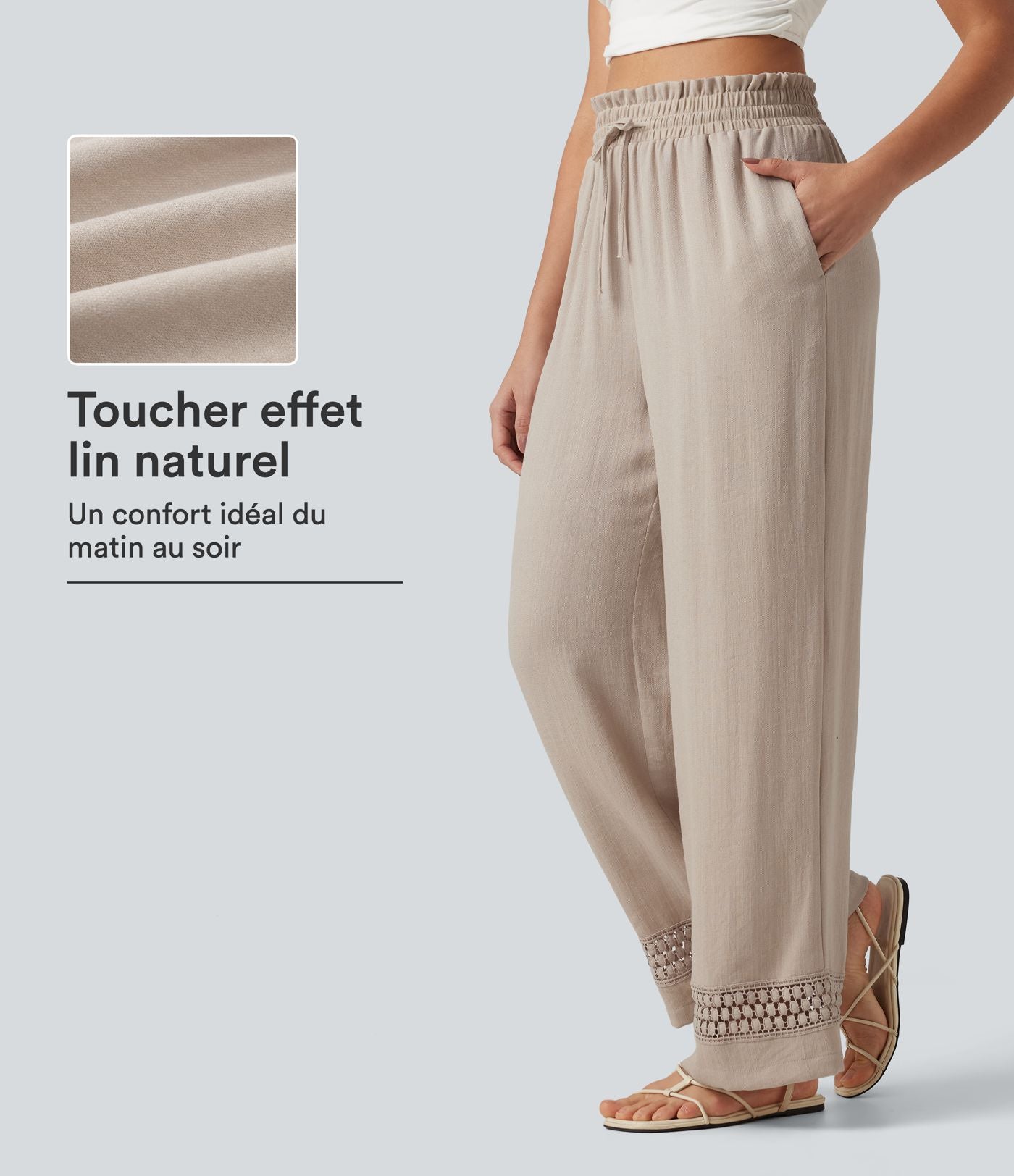 Pantalon effet lin taille haute avec cordon de serrage, bord volanté et poches