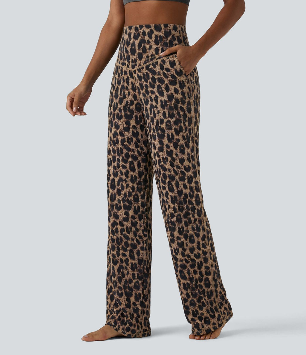 Pantalon de yoga jambes droites taille haute gainant imprimé léopard Halara UltraSculpt™ avec poches