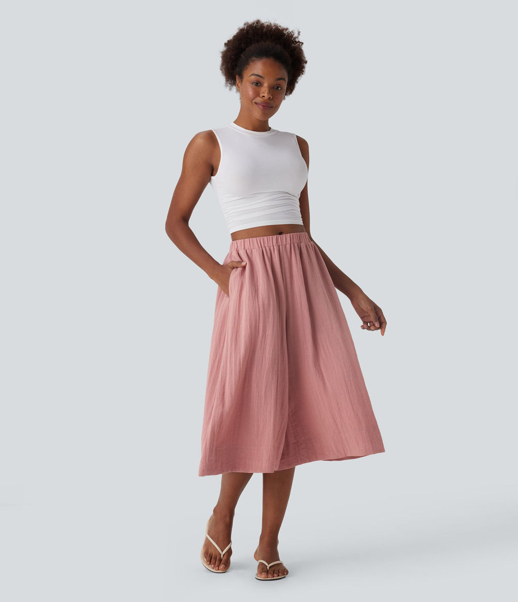 Pantalon fluide large taille mi-haute effet lin avec poche