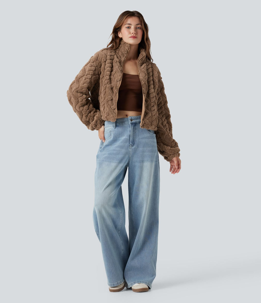 Veste sherpa col montant avec fermeture éclair et poches