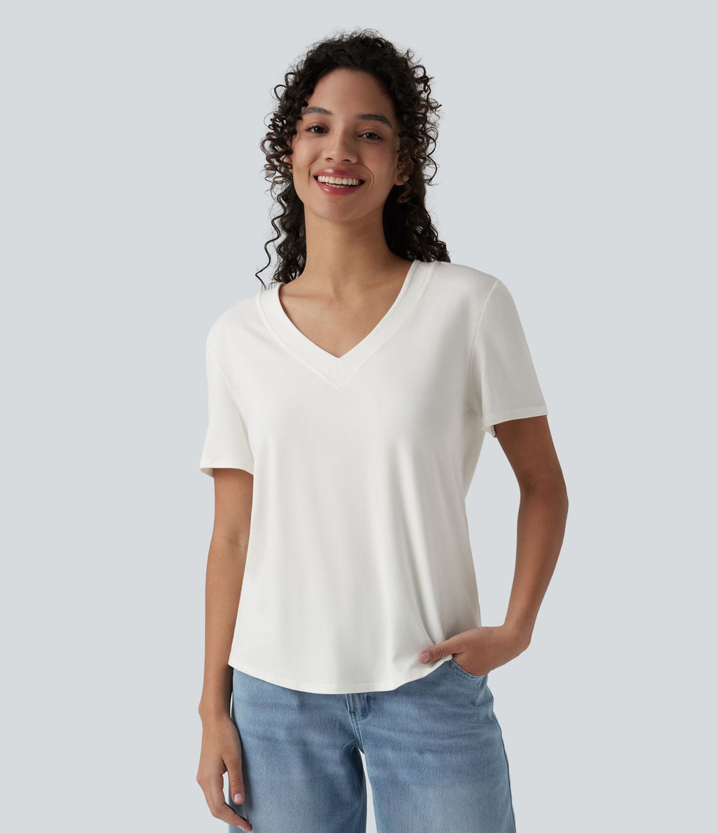 T-shirt décontracté col V manches courtes ourlet arrondi