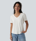 T-shirt décontracté col V manches courtes ourlet arrondi