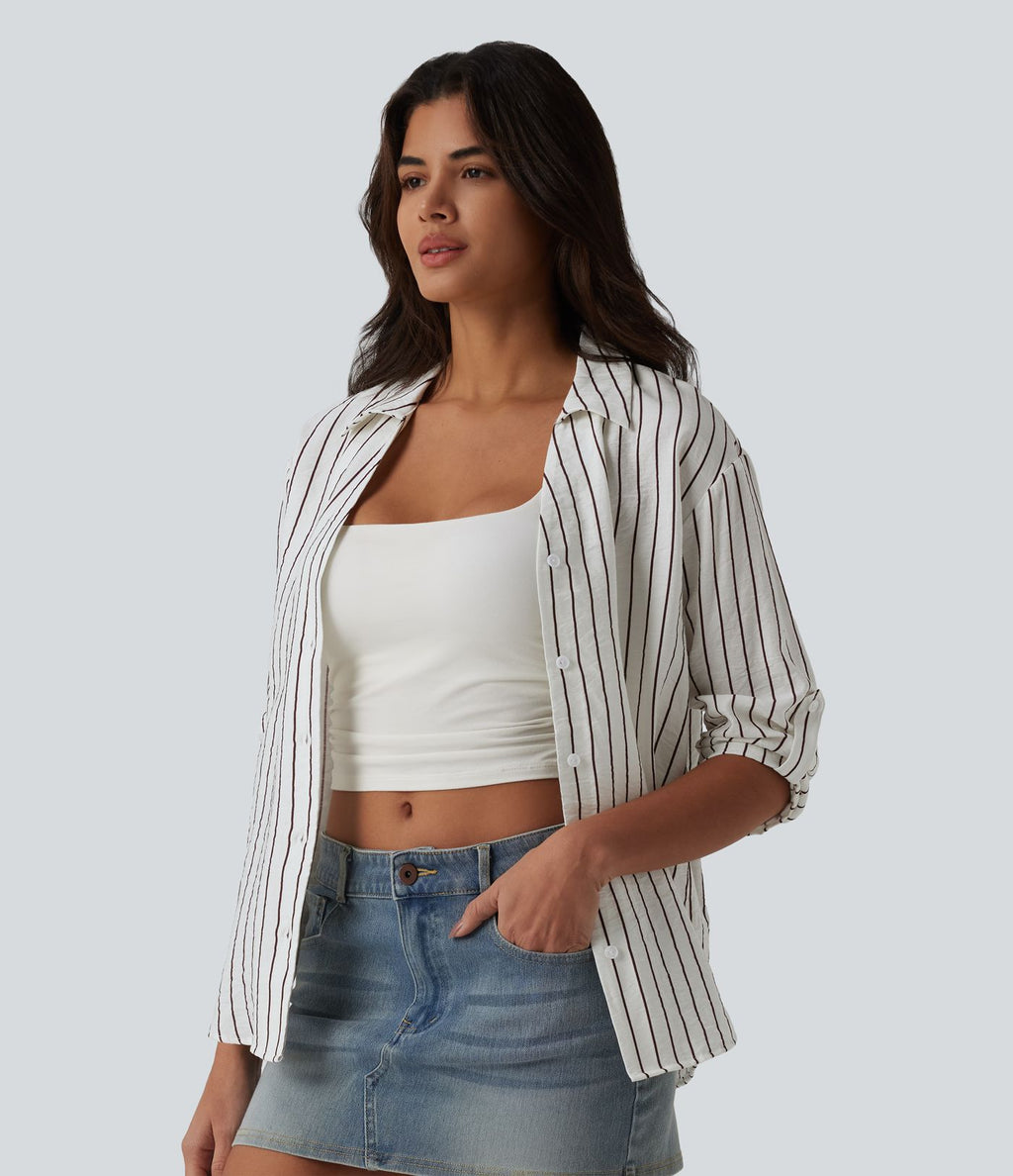 Chemise casual à rayures aspect lin col V manches longues retroussables et ourlet arrondi