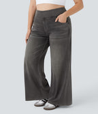 Halara Flex™ Jeans Larges Casual Taille Haute Multiples Poches Lavés Élastiques et Tricotés Grande Taille