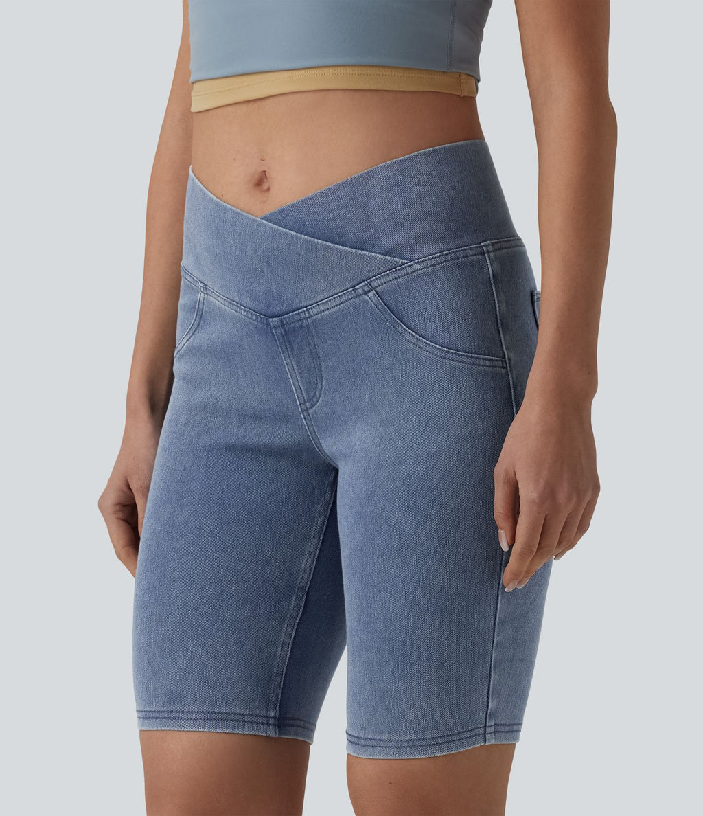 Short denim skinny décontracté Halara Flex™ croisé taille mi-haute 23 cm avec poches