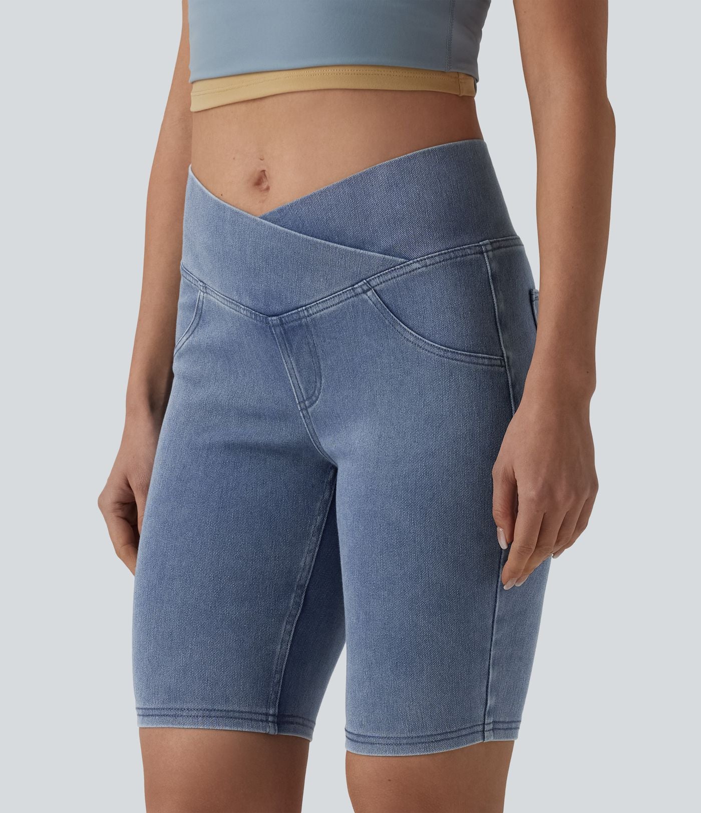 Short denim skinny décontracté Halara Flex™ croisé taille mi-haute 23 cm avec poches