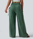 Pantalon casual large ample chiné taille haute croisé à lacets avec poches