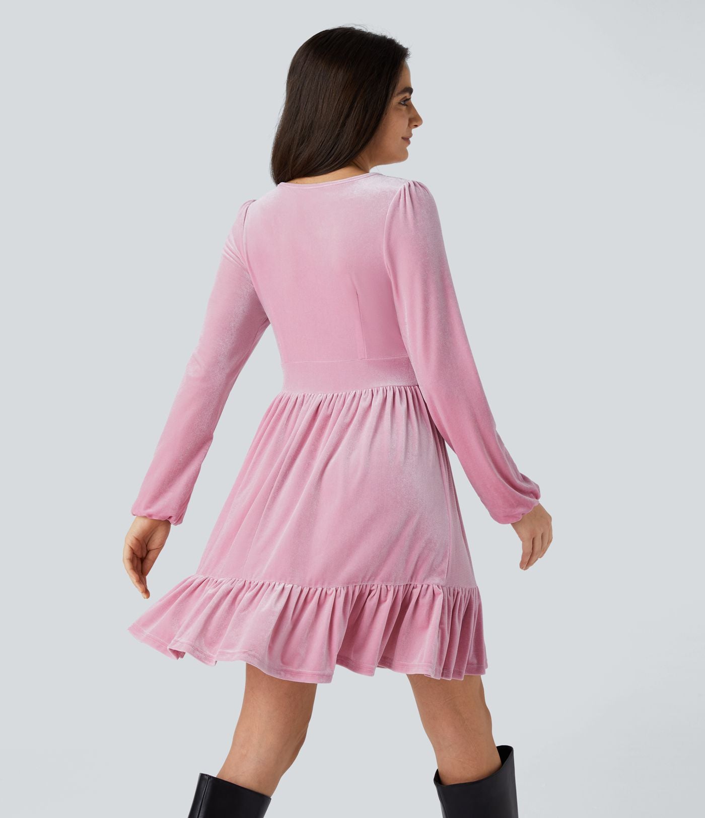 Quotidien Robe de Soirée Mini en Velours à Encolure en V Profond et Ourlet Volanté