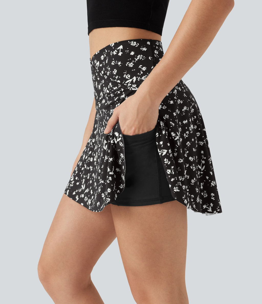 Jupe-short de tennis mini taille haute croisée imprimé léopard avec poches