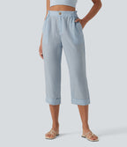 Pantalon 7/8 décontracté aspect lin à carreaux taille haute avec poches