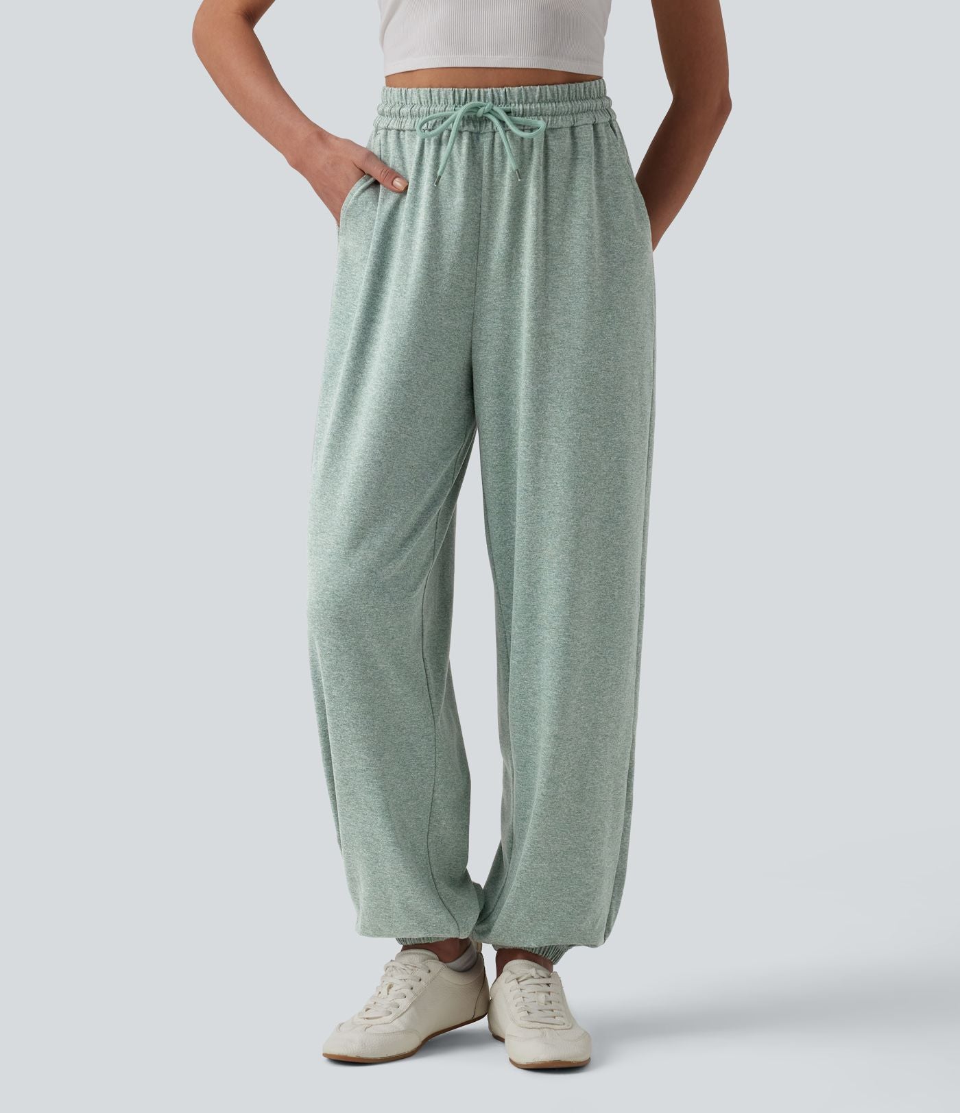Jogging casual large taille haute à cordon de serrage avec poches