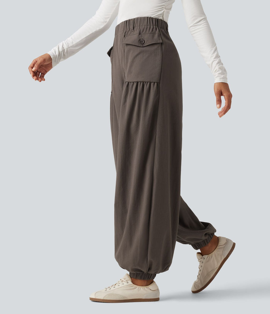 Jogging baggy taille haute effet lin froncé avec poches