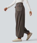 Jogging baggy taille haute effet lin froncé avec poches