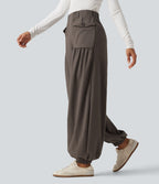 Jogging baggy taille haute effet lin froncé avec poches