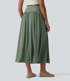 Jupe midi fluide casual taille haute ventre plat en maille côtelée mélange lin