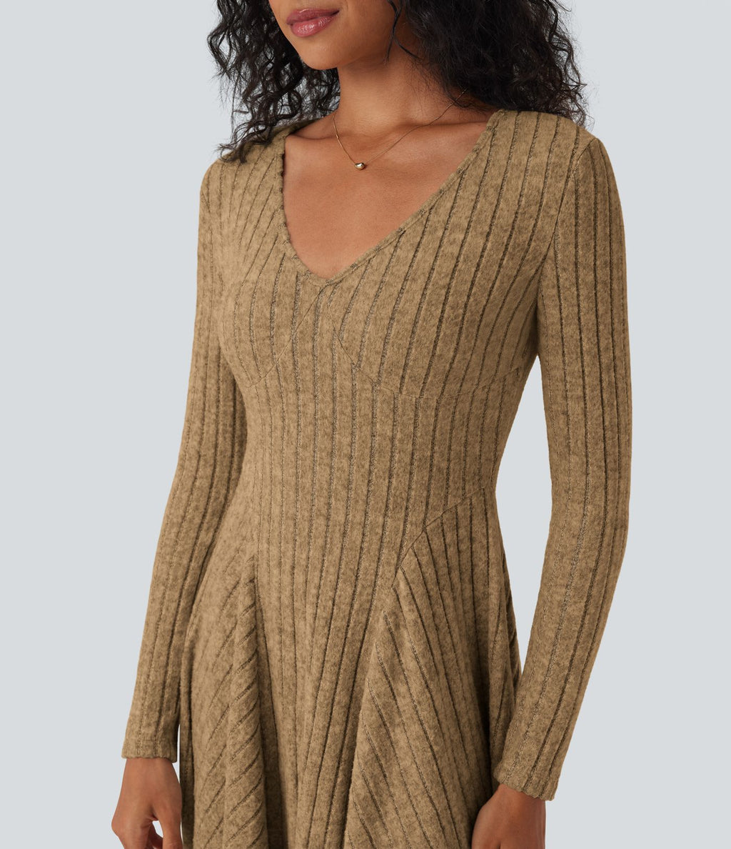 Robe décontractée mini évasée maille côtelée col V manches longues