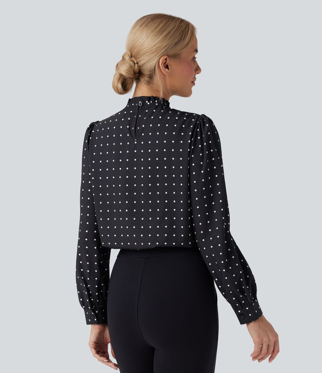 Blouse travail col montant à volants pois manches longues