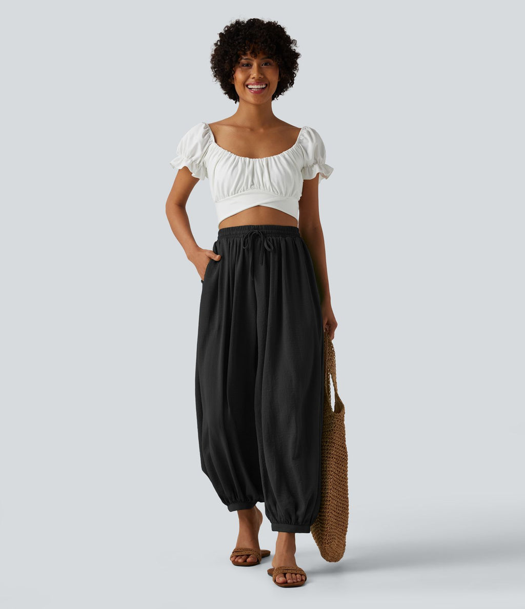 Pantalon ballon fluide resort taille haute effet lin avec cordon de serrage et poches