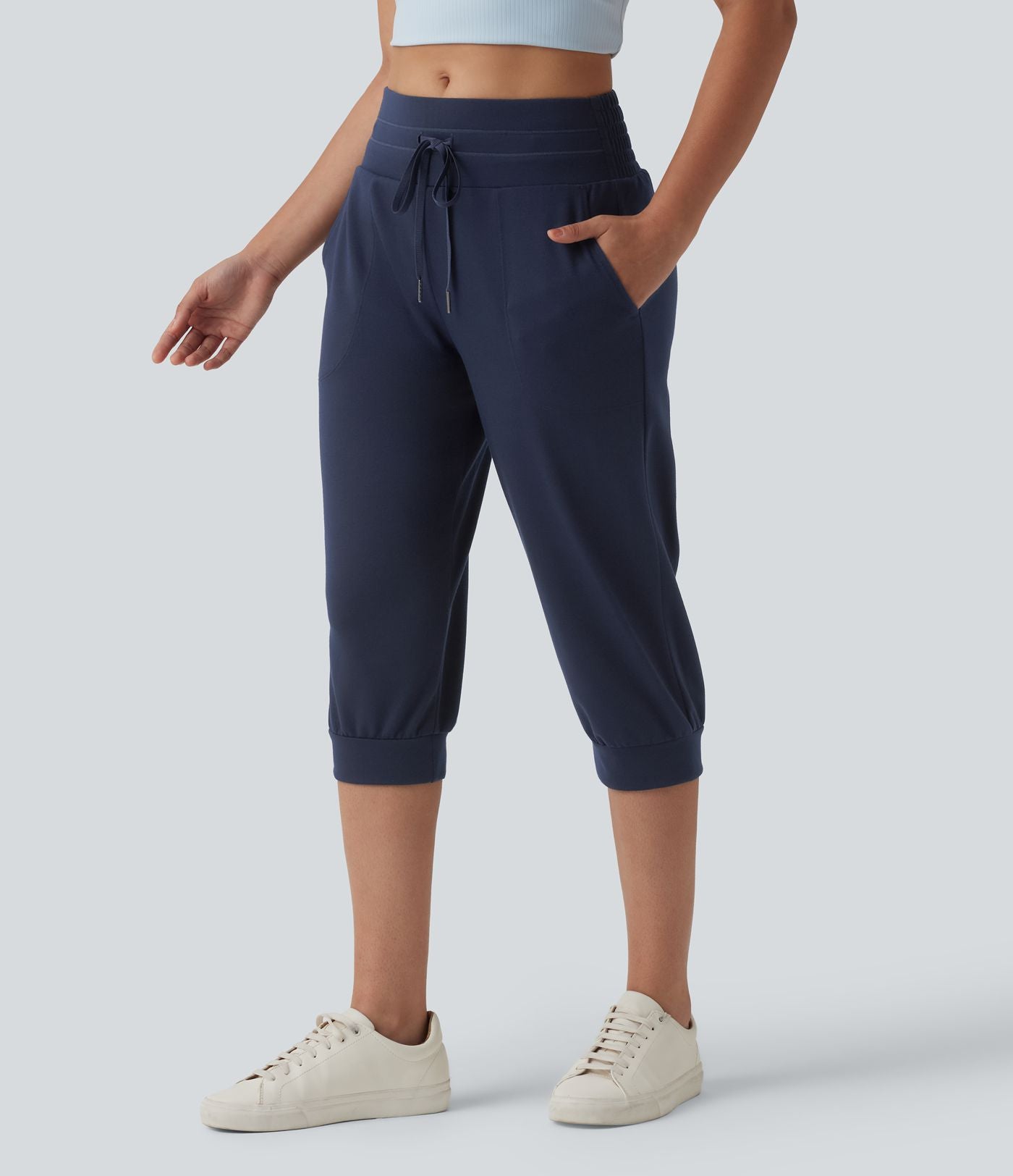 Jogging casual capri taille mi-haute avec cordon de serrage et poches