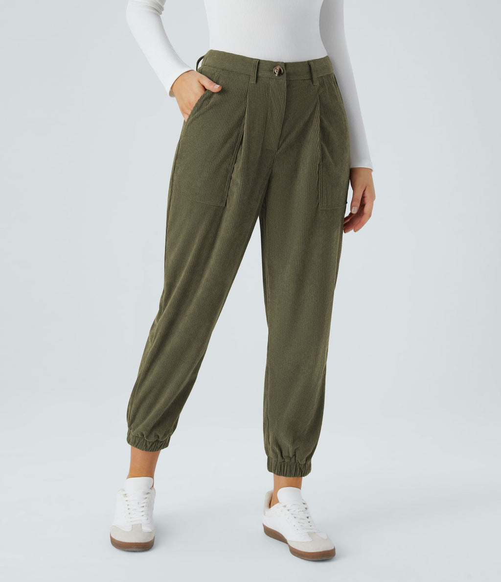 Pantalon décontracté en velours côtelé avec taille mi-haute, boutons et fermeture éclair