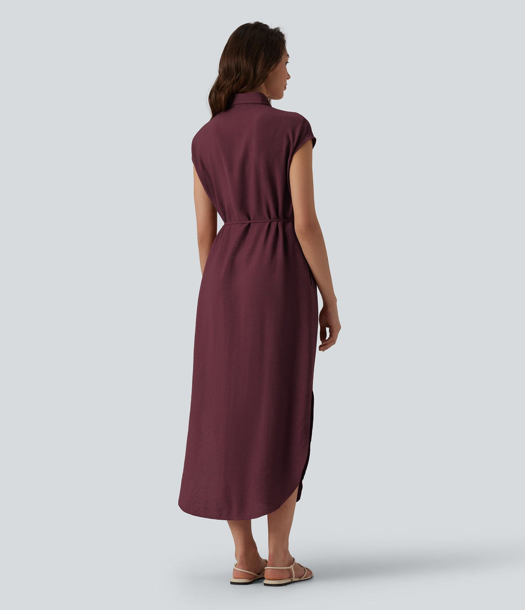 Robe chemise casual mi-longue col manches courtes ceinturée ourlet arrondi avec fente et poches