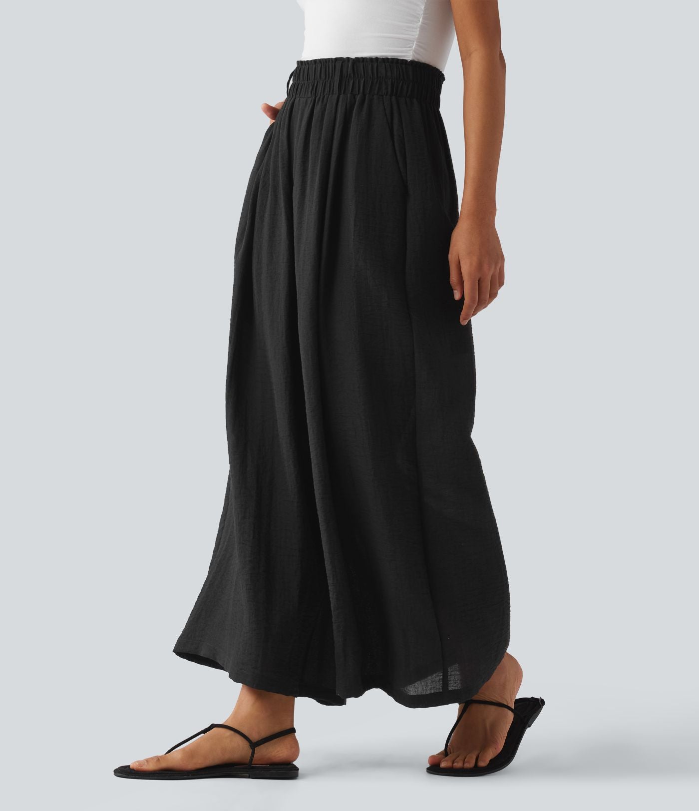Pantalon fluide ample décontracté taille haute avec poches
