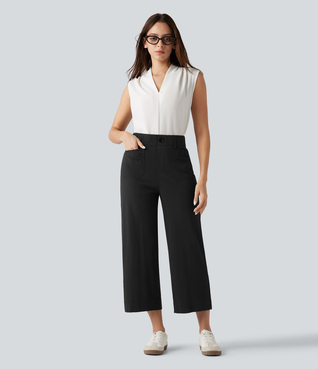Pantalon large fluide court décontracté taille haute en lin stretch avec poches