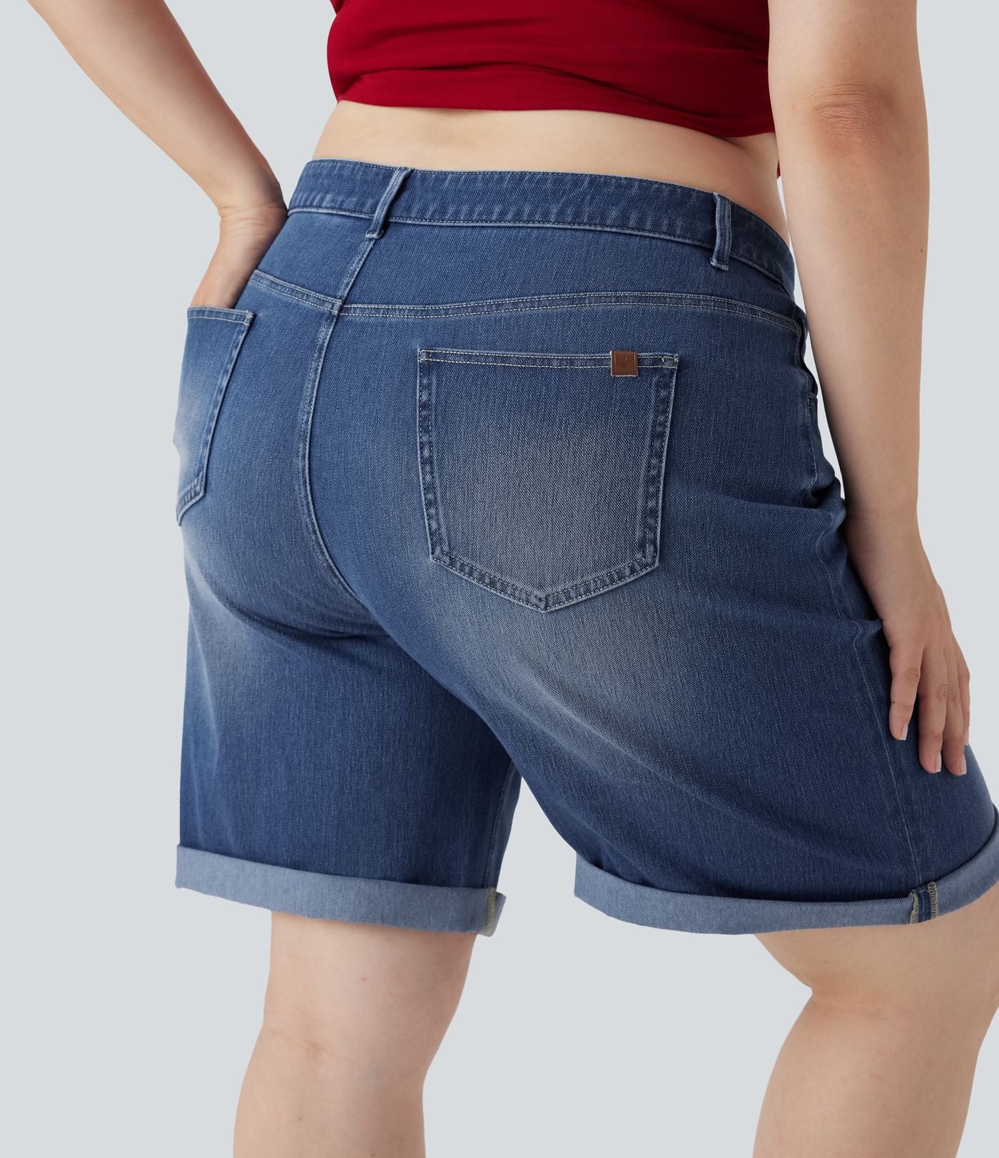Short bermuda casual denim grande taille Halara Flex™ tricot extensible délavé taille haute multiples poches ourlet roulotté