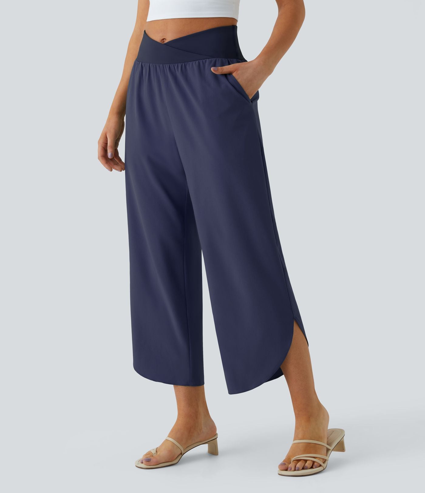 Breezeful™ Pantalon Fluide Vacances Séchage Rapide Taille Haute Croisée Poches Latérales Plissées Fente