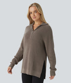 Pull décontracté à col montant, demi-fermeture éclair, manches longues et fente