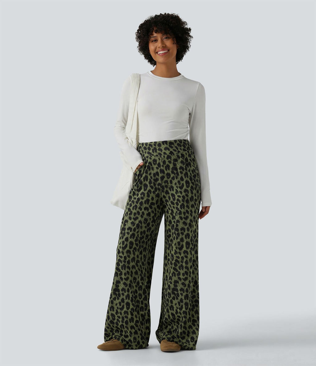 Pantalon large décontracté taille haute gaufré imprimé léopard avec poches